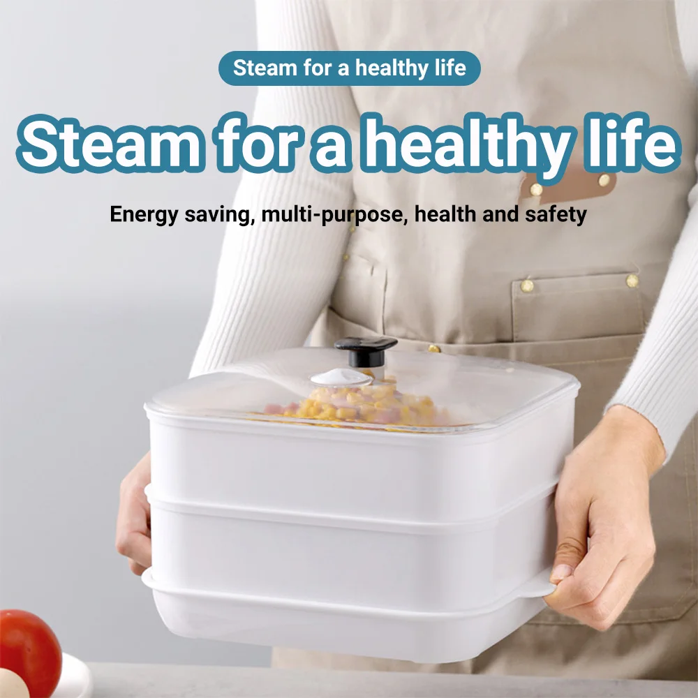 

Microwave Oven Steamer Cook Container with Lid Plastic for Steamed Bread Fish Vegetable Dumpling Kitchen Utensil