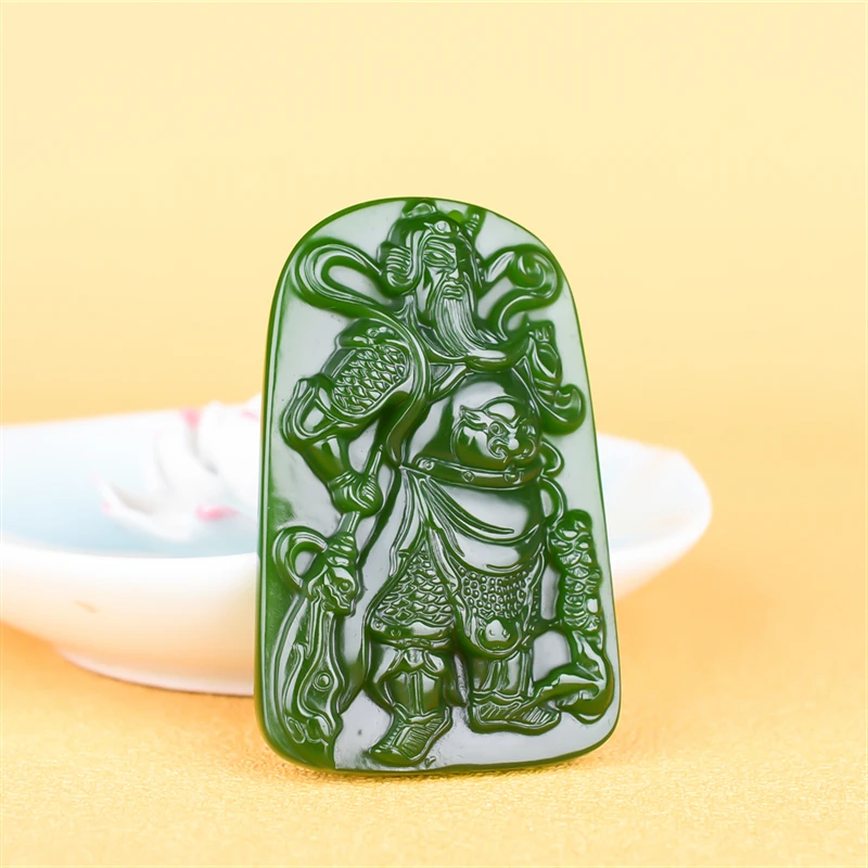 Натуральный зеленый нефрит Guan Yu кулон ожерелье Китайский ручной резной Шарм Jadeite