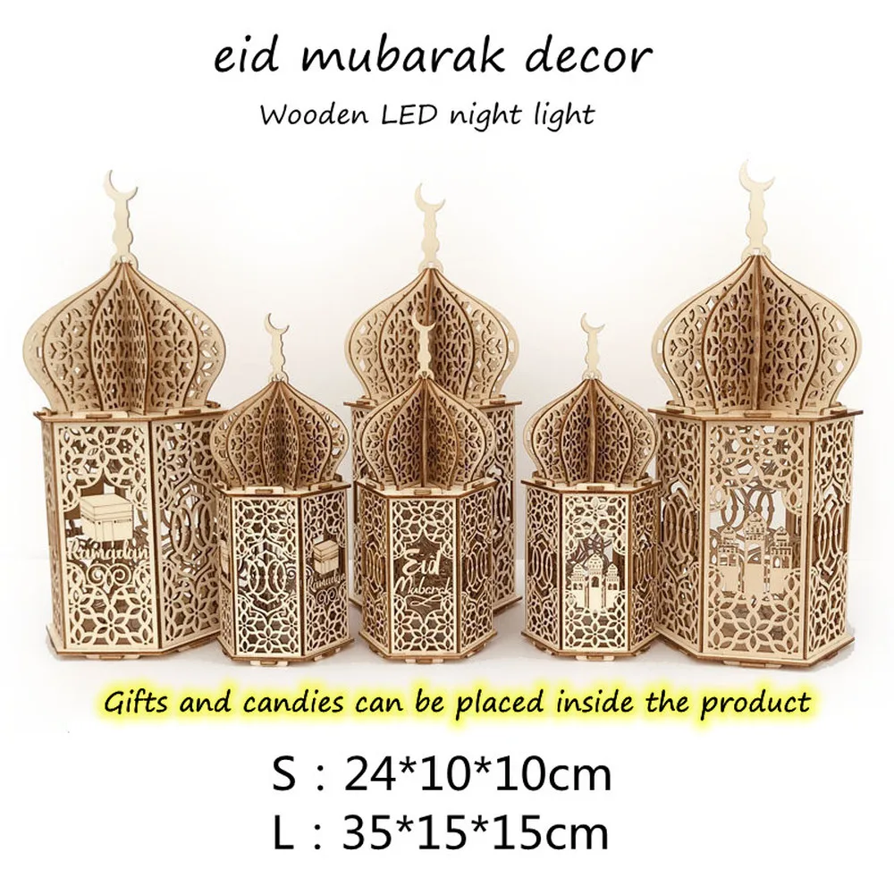 

Eid Mubarak Wooden Pendant LED Light Ramadan Decoration Islamic Muslim Ramadan Decorations for Home Kareem Ramadan Party