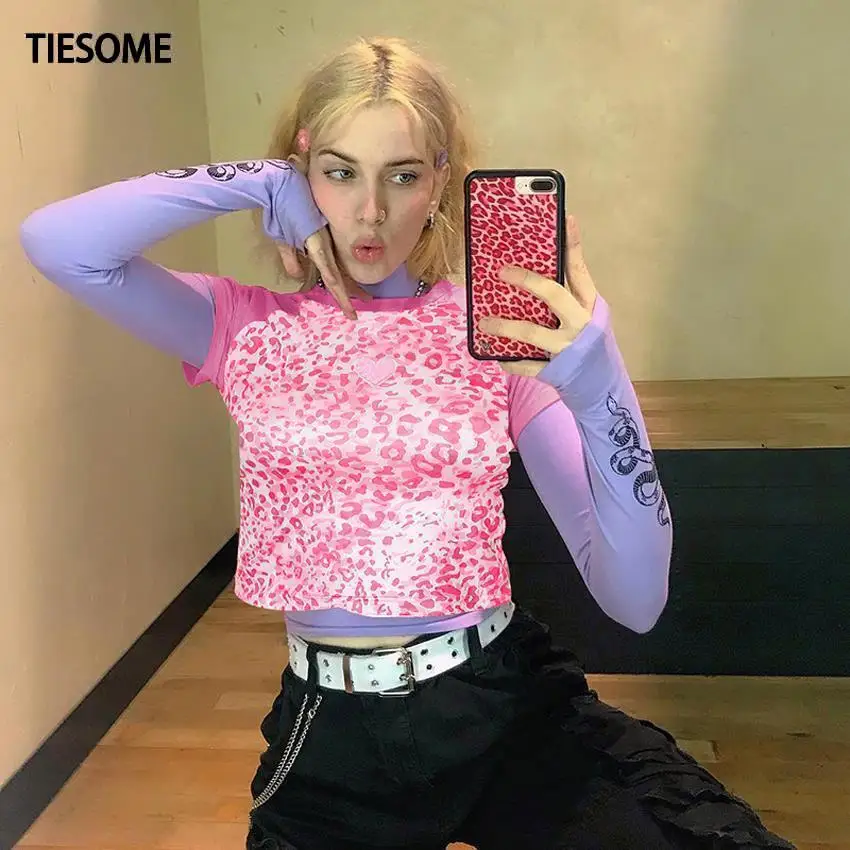 

TIESOME Sexy Leopard Patchwork Slim Short Sleeve T-shirt O-Neck Top Tee Women 2020 Pink t shirts Summer Female Tops Cool Girls