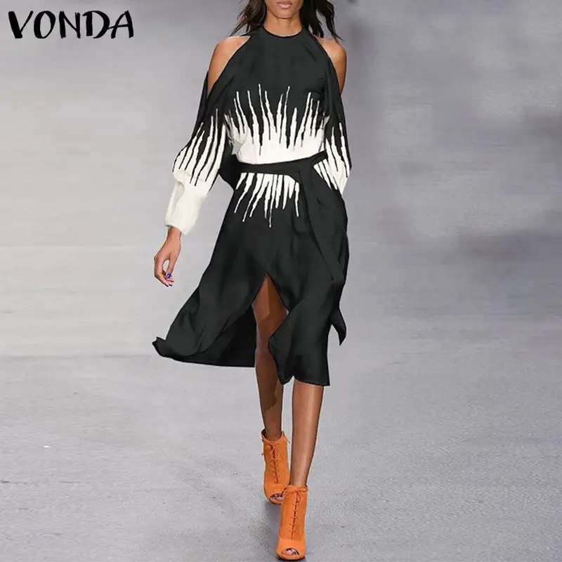 

VONDA 2021 Women Elegant Printed Midi Dress Office Ladies Dress Off Shoulder Sundress Bohemian Vestidos Femme Long Sleeve Robes