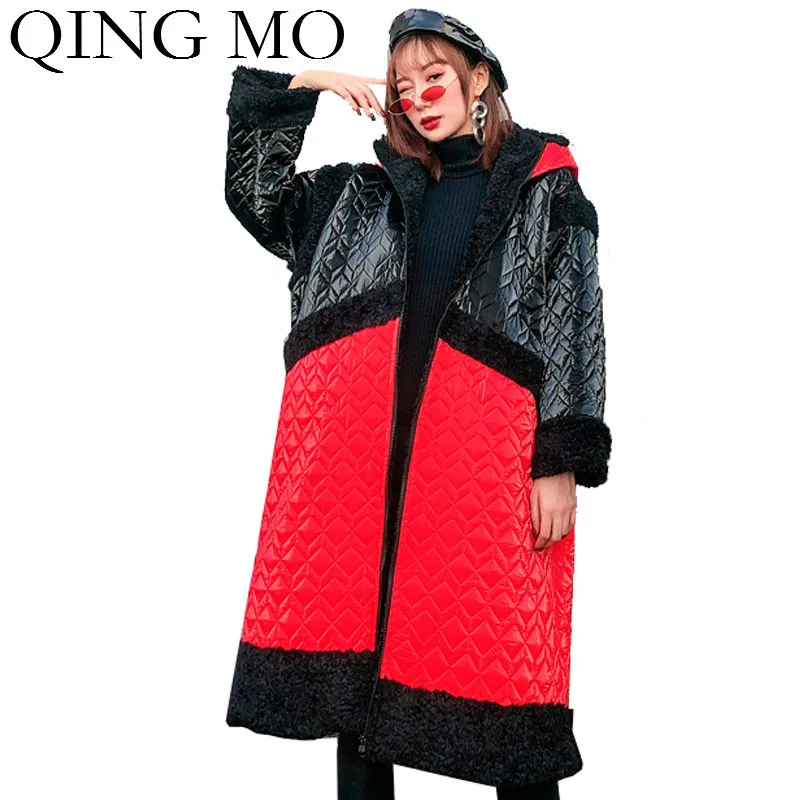 QING MO зимние женские парки с капюшоном 2019 Цветные в стиле пэчворк толстые теплые