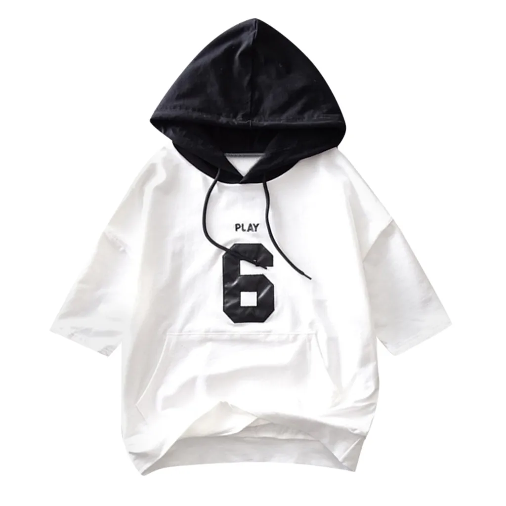 Женская футболка Летняя с капюшоном плюшевая Вышивка Половина рукава свитер для