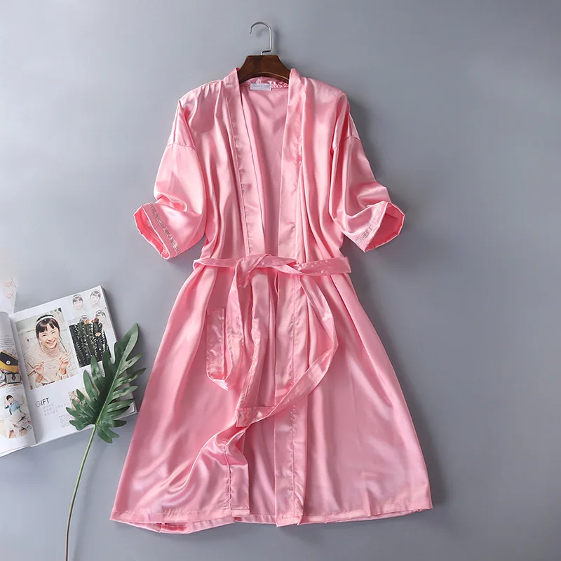 Мужской и женский шелковый халат ночная рубашка летнее однотонное кимоно с