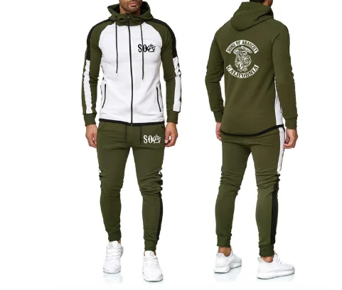

SOA Sons of anarchy the child Skull Printed Fashion jacket comfortable Sweatshirt Men Splice Long sleeve+Pants 2Pcs Sporting