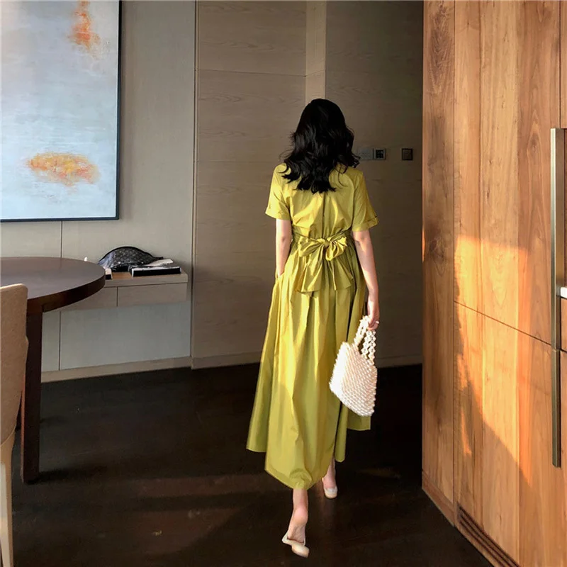 

Women Summer Dress Short Sleeve Korean Fashion Back Bow Tie Up Chic Midi Dress Two Wearing Style Swing Ladies Dresses Elegant