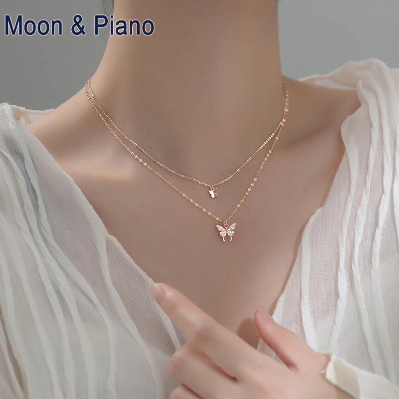 

New Sweet Double-layer Butterfly Necklace Fashion S925 Silver Japanese Female Clavicle Chain Temperament for Woman Romantic Gift