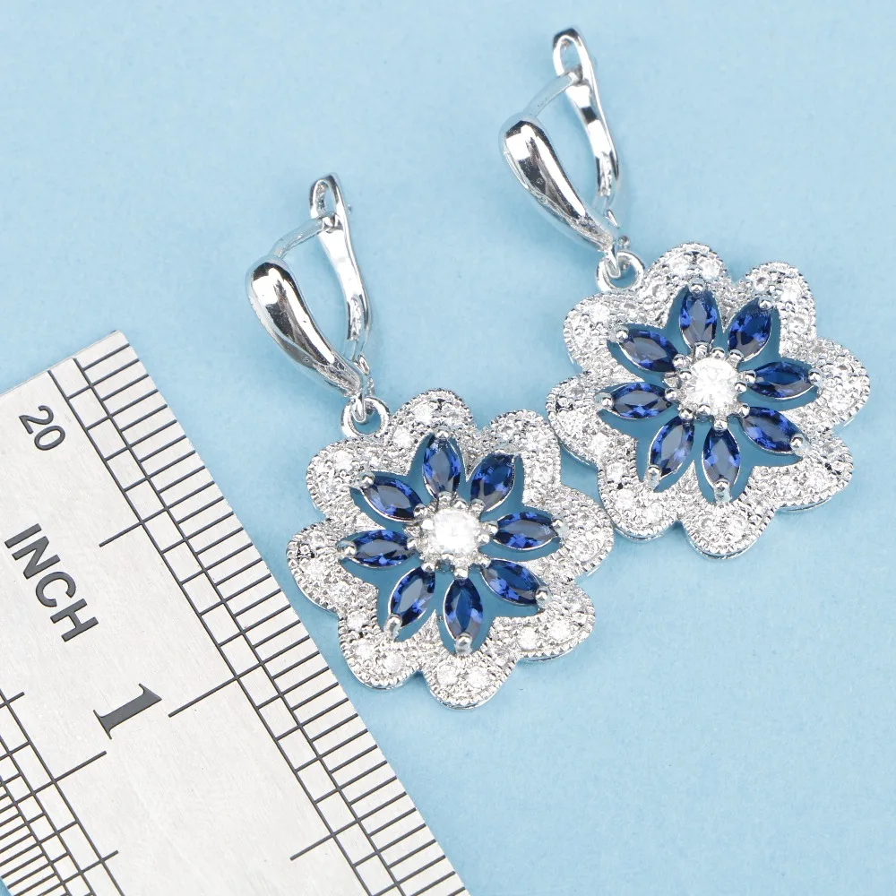 Королевский синий камни Белый CZ цветы Ювелирные наборы Серебро 925 пробы для