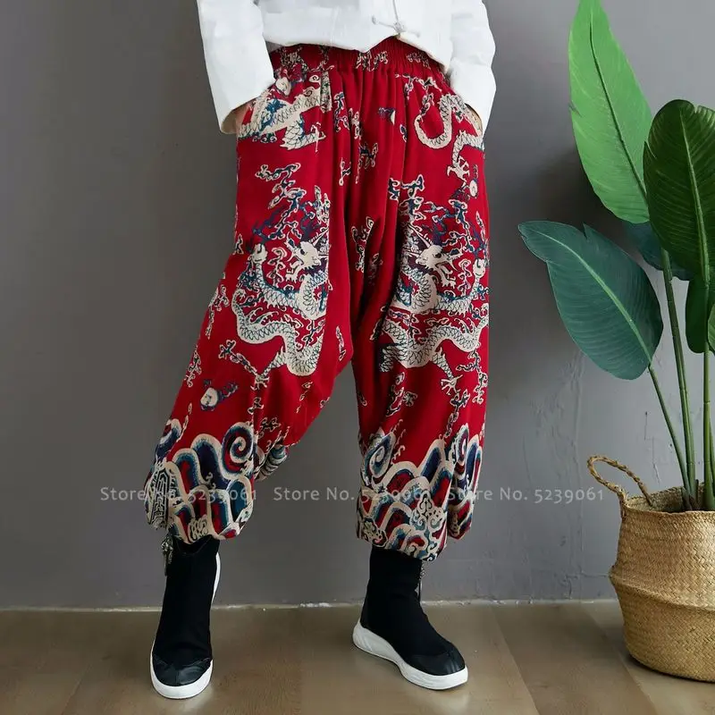 Китайский традиционный ханьфу Тан костюм широкие брюки с принтом дракона