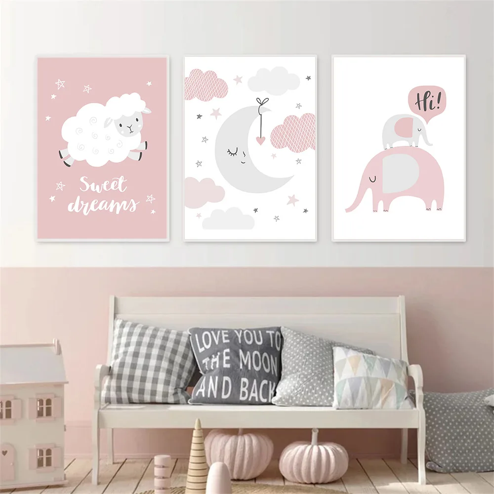 

Moon Clouds Pink Elephant Letter Quotes Nordic Canvas Painting Posters and Prints Canvas Wall Art Picture Baby Girls Room Decor