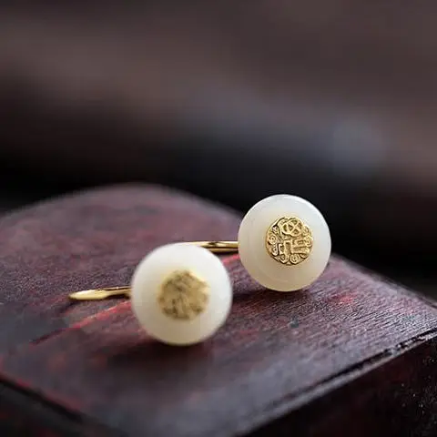 

S925 Sterling Silver Hetian Jade Fu Earrings High-Grade Earrings Trendy Personality Simple Gilding Craft Silver Earrings