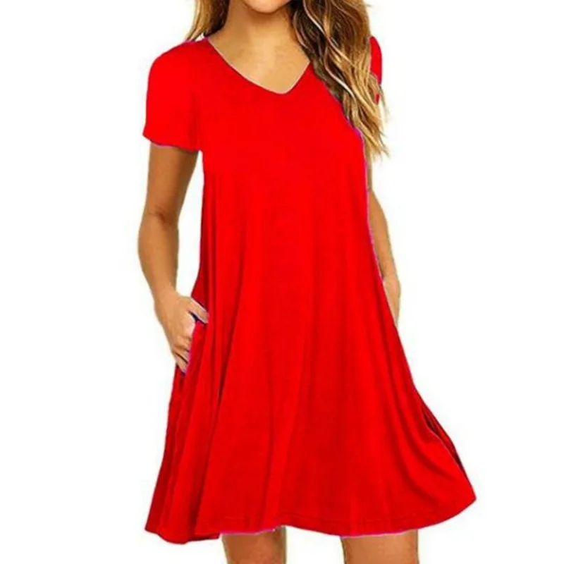 

Spring Autumn Fashion Women Sexy Casual Pullover Dress Solid Color Loose V Neck Short Sleeve Women Chic Dress
