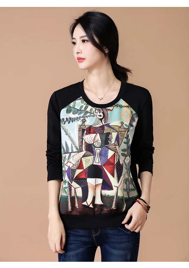 Женский свободный топ с круглым вырезом черная футболка длинными рукавами и