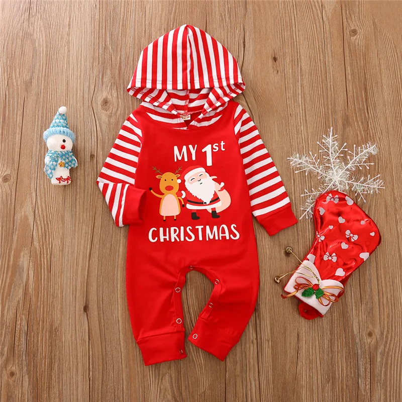 2020 Christmas Newborn Baby Boy Girls Hoodie Long Sleeve Romper Striped Clothes Infant Romper 0-18M