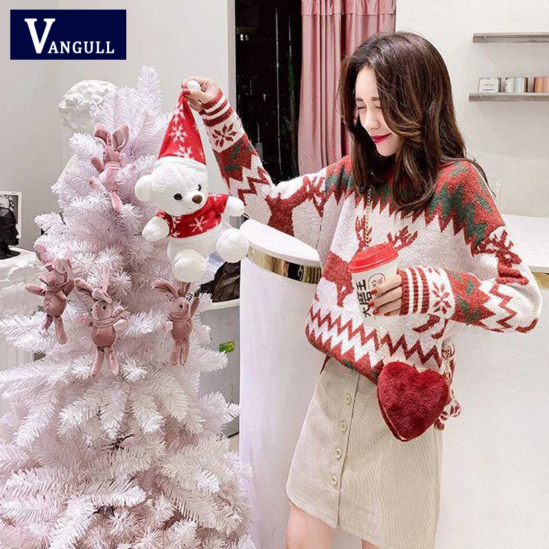 Vangull Christmas Knitted Sweaters Classic Deer Printed Xmas O-neck Pullover Women Loose Casual Tops Lady Winter Warm Streetwear | Женская