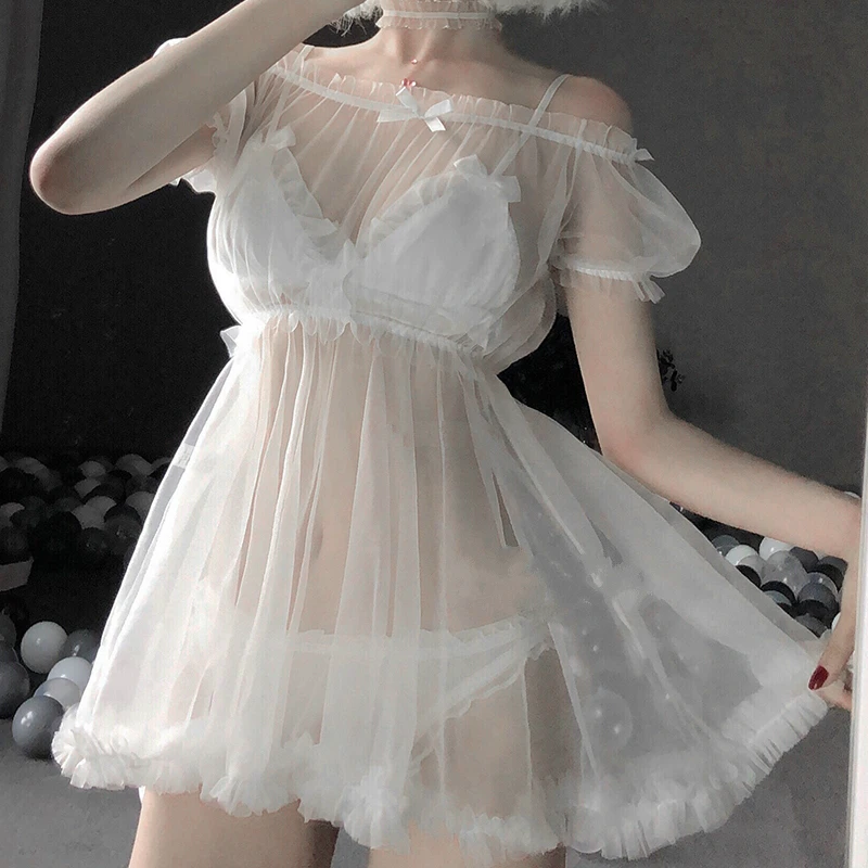 

Sexy Lingerie White Erotic Perspective Out Lace Sleepwear Female Temptation Women's Nightgown Nightwear Sleeping Dress
