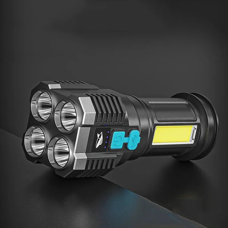 Мощный перезаряжаемый через USB фонарик 4 светодиодных лампы с босветильник