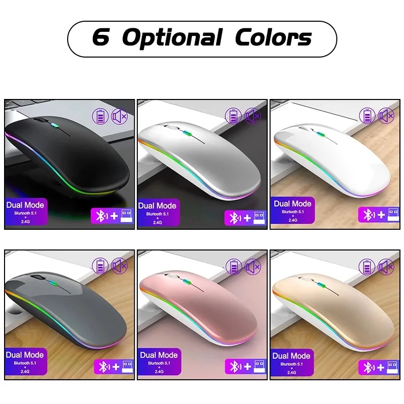 Bluetooth беспроводная с USB перезаряжаемая RGB мышь BT5.2 для ноутбука компьютера ПК Macbook