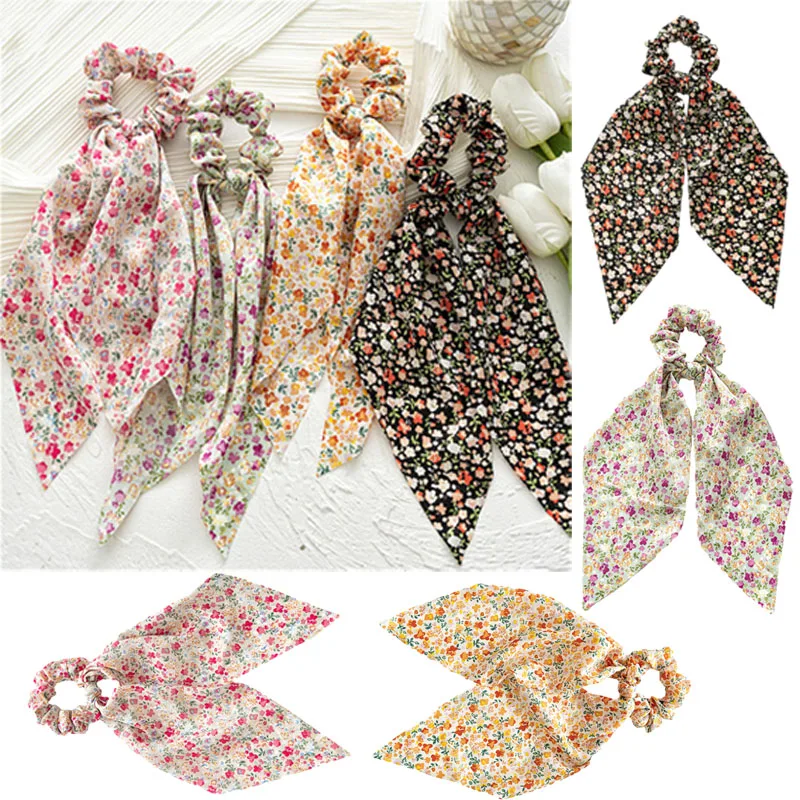 

Women Sweet Floral Printed Scrunchies Bow Long Hair Ribbon Scarf Girls Ponytail Holder Elastic Hair Bands Hair Accessories