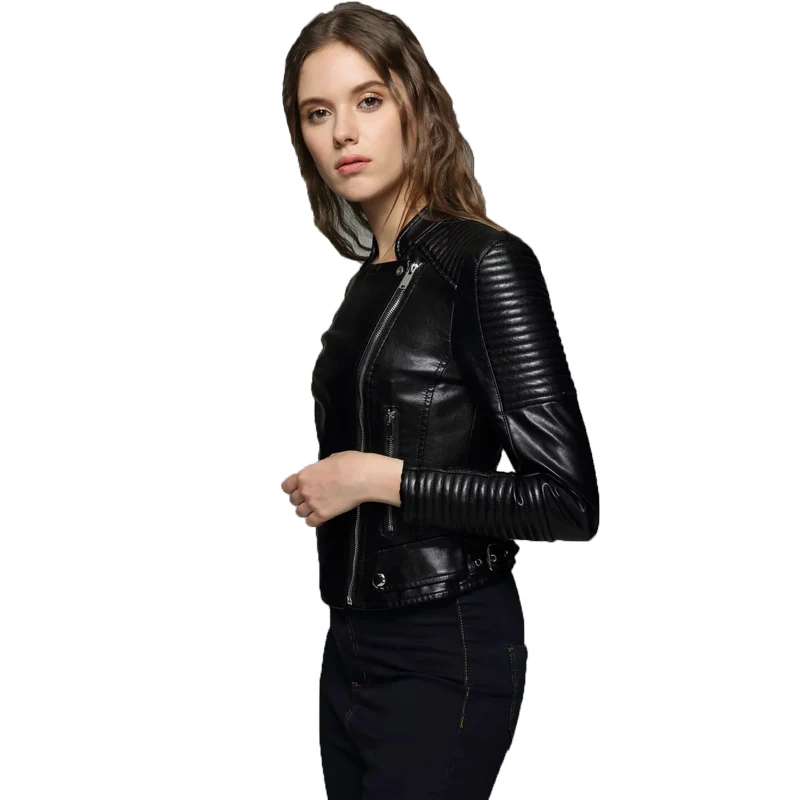Куртка женская из искусственной кожи на молнии в байкерском стиле|black faux leather