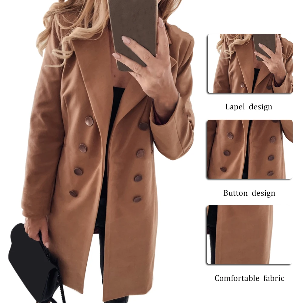 Пальто женское весеннее 2020 года Solid Color Basic Essential Double-Breasted Coat Mid-Long Wool Blend Pea Mujer S-3XL on.