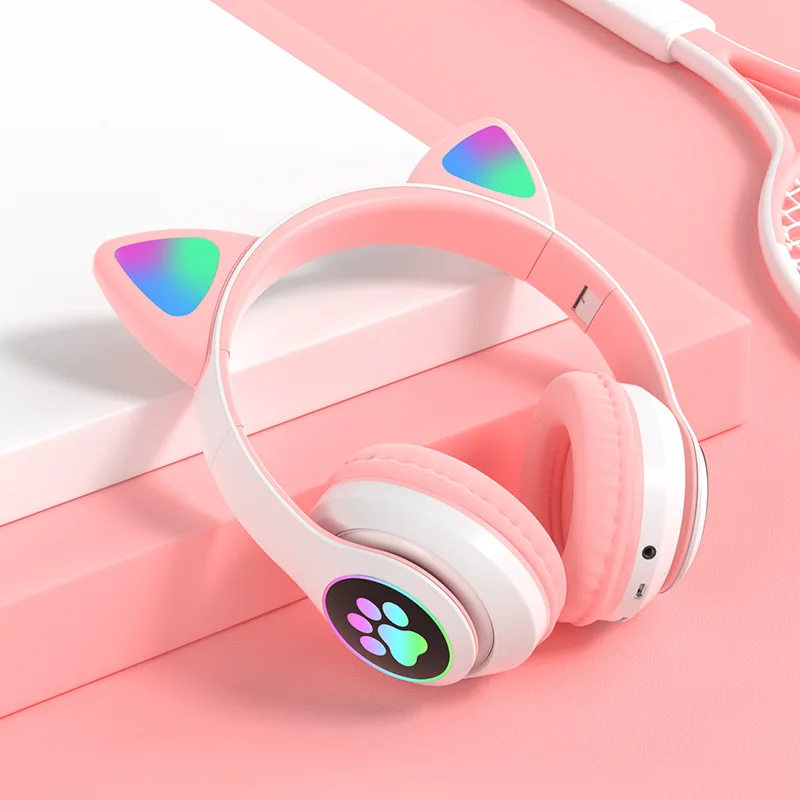 Cute Cat Ears Wireless Headphones With Flash Light Microphone  LED Kids Girl Stereo Music Helmet Phone Bluetooth Headset Gift