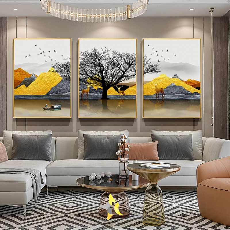 Скандинавские пейзажи современный минималистичный Желтый горный Лось богатое