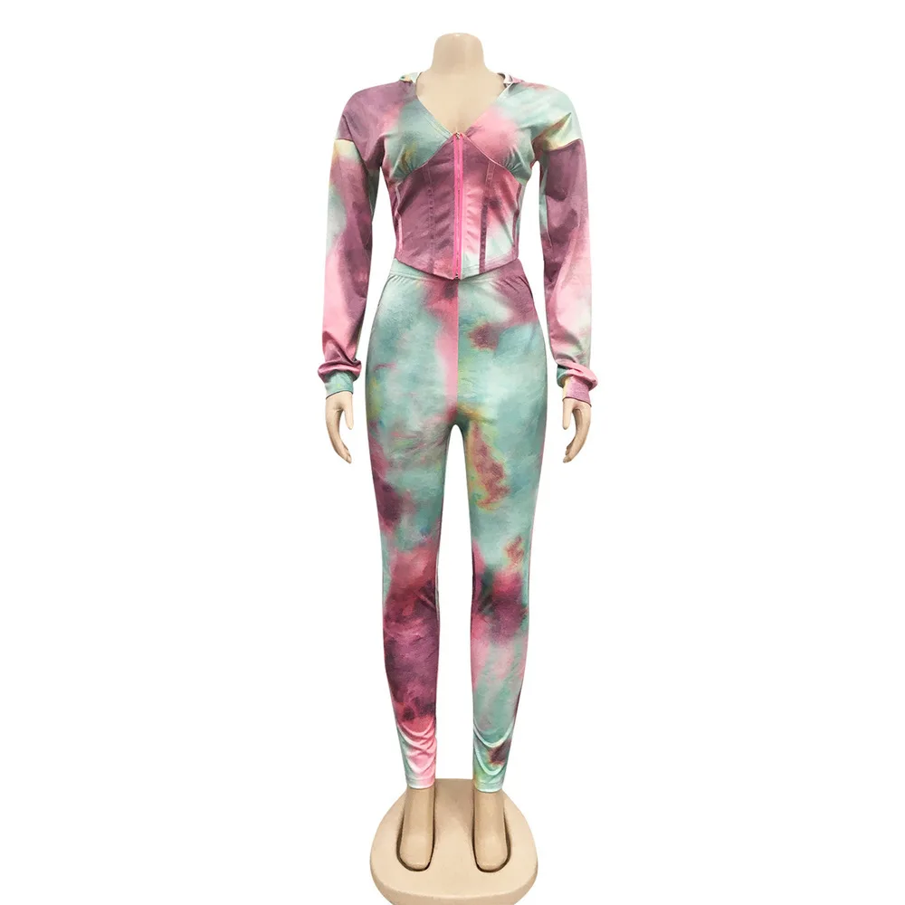 

Tie Dye Print Long Sleeve Hooded Slim Fit Hoodie and Sporty Jogger Sweatpants Casual Women Matching Sets Activewear Tracksuits