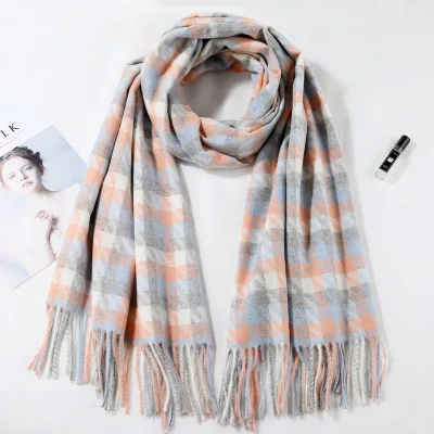 Blue Pink Plaid Новинка, настоящий кашемировый шарф, палантин, Клетчатые Шерстяные шарфы для женщин, зимние теплые женские пончо, накидка, модные женские 100 пашмины шали - Цвет: Blue Pink Plaid