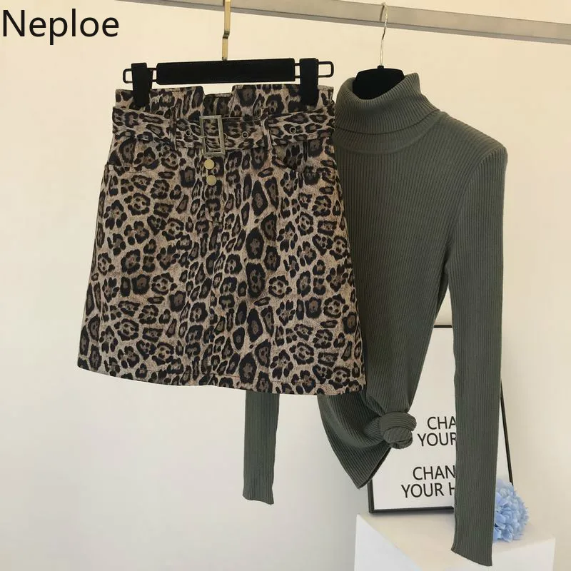 Neploe, юбка с высокой талией и леопардовым принтом, Женская приталенная юбка с поясом и металлической пряжкой, верхняя одежда на осень и зиму, трапециевидный карман, Ropa 47413