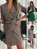 women vintage double breasted belt plaid dress elegant office ladies blazer dresses long sleeve female autumn mini dress 2021