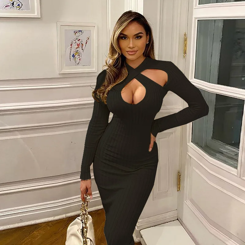 

2020 Woman Dress Autumn Winter Newest Slim Fashion Sexy Hollow Out Office Lady