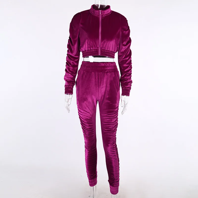 

Night Club 2020 Winter Style Long Sleeve O Neck Zipper Coat Plush Pleated Solid Trousers Two Piece Fashion Designer Women's Set