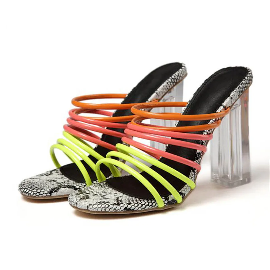 Разноцветные женские шлепанцы на тонком каблуке Летние пикантные туфли высоком