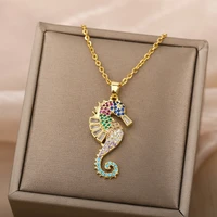 cute trendy micro inlaid multi color zircon seahorse necklace for women animal neck chain choker necklace ocean jewelry