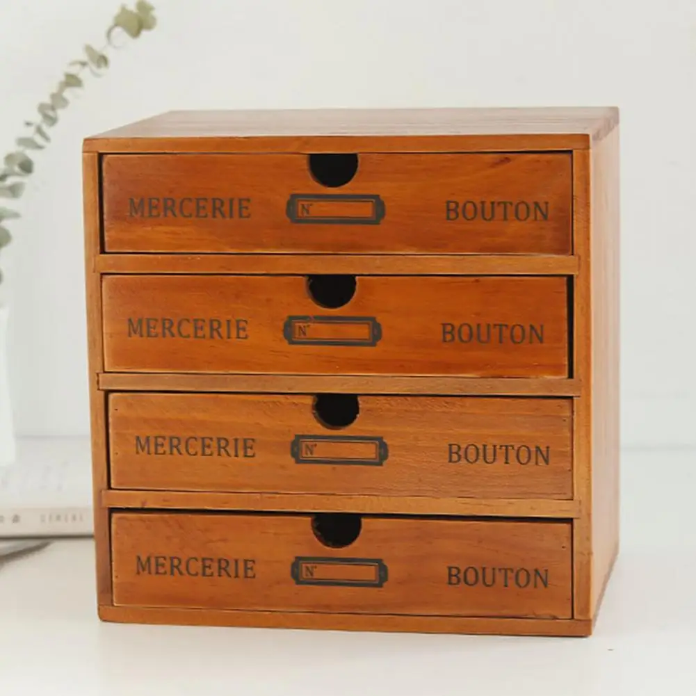 Retro Wooden Storage Box Office Desktop 4-layer Drawer Cabinet Multifunctional |