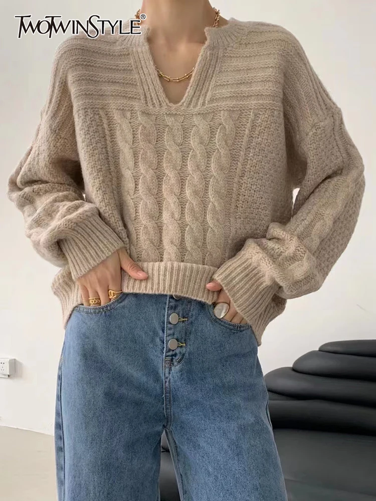 

TWOTWINSTYLE Casual Plain Sweaters For Women V Neck Loose Fitting Long Sleeve Short Pullovers Female 2021 Autumn Fashion Clothes