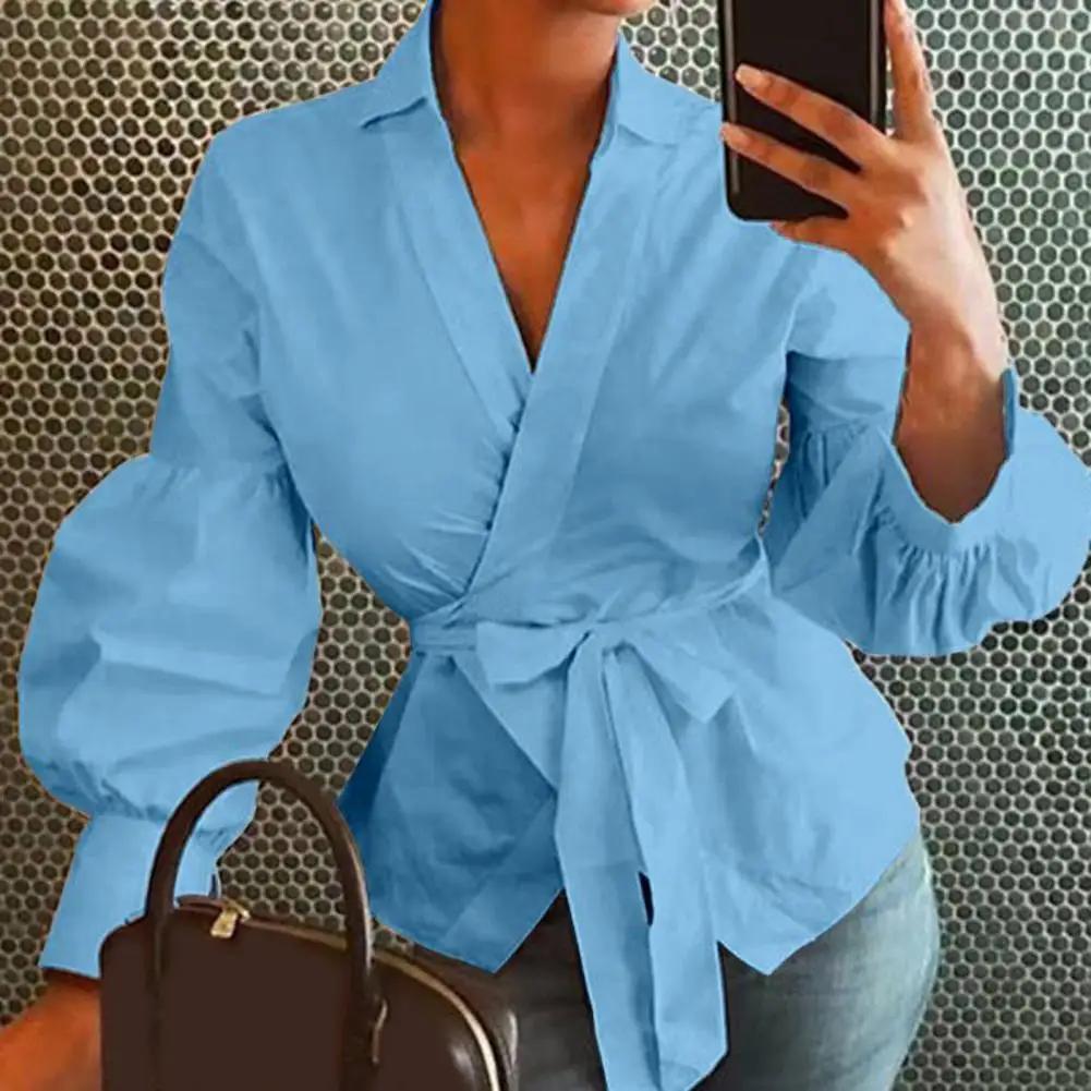 

New Fashion Women Tops And Blouses Vintage Lantern Sleeve Shirts Tunic Casual Loose V-Neck Elegant OL Blusas Feminina Belted