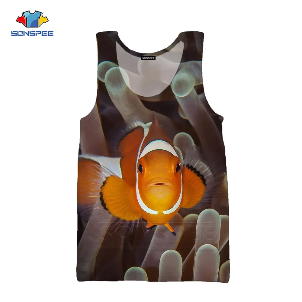 

SONSPEE 3D Printing Clownfish Animal Loose Top Summer Fashion Casual Harajuku Unique Street Underwater World Romantic Vest Top