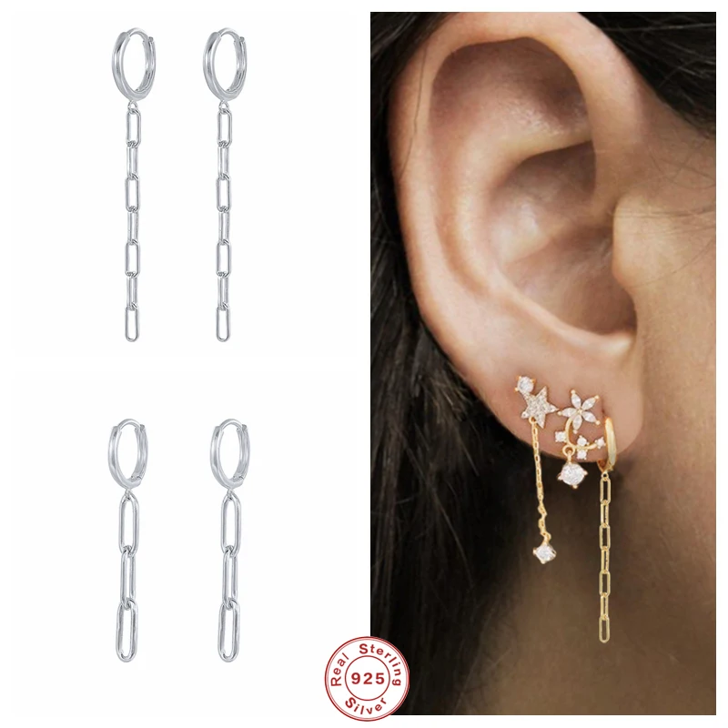 

GS 925 Sterling Silver Safety Pin Shape Long Chain Dangle Earrings For Women Rock Punk Pendiente Ohrringe Drop Earring Jewelry