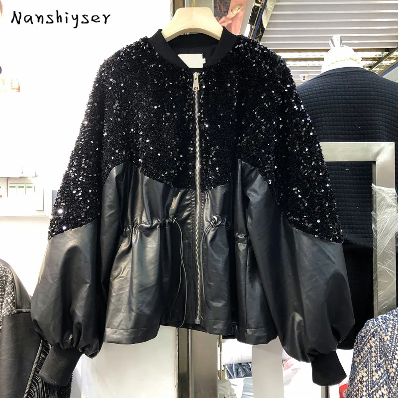 

Autumn Sequins Stitching Faux PU Leather Drawstring Women Jacket Loose Stand-Up Collar Lantern Sleeve Biker Coat Chaqueta Mujer