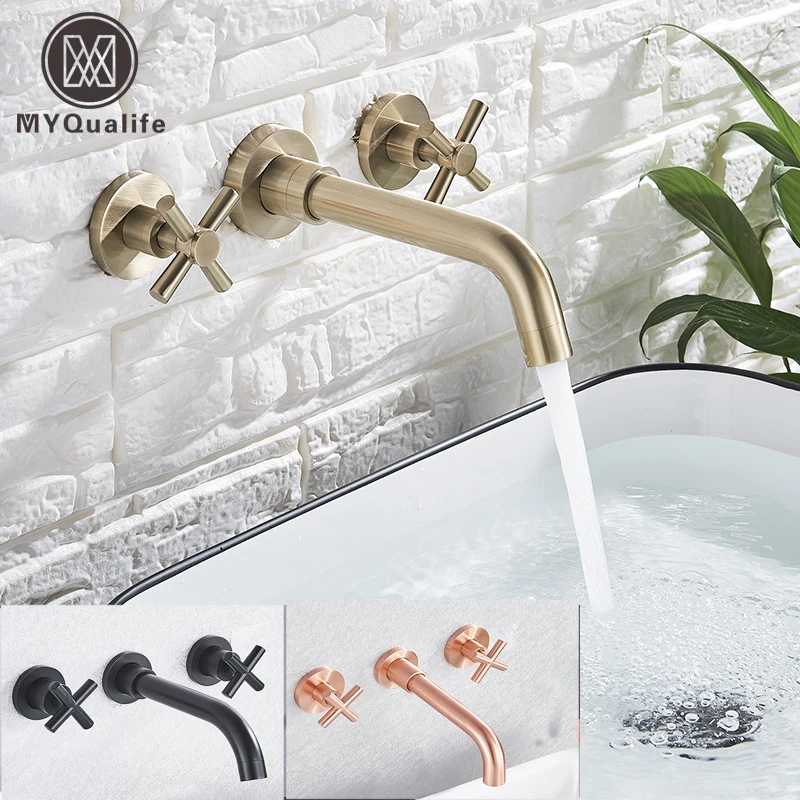 MYQualife черный/Матовый Золотой Умывальник с двойной ручкой настенный кран для