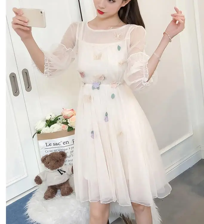 Летние сетчатые платья женские с рукавом до локтя милые для девушек кружевное