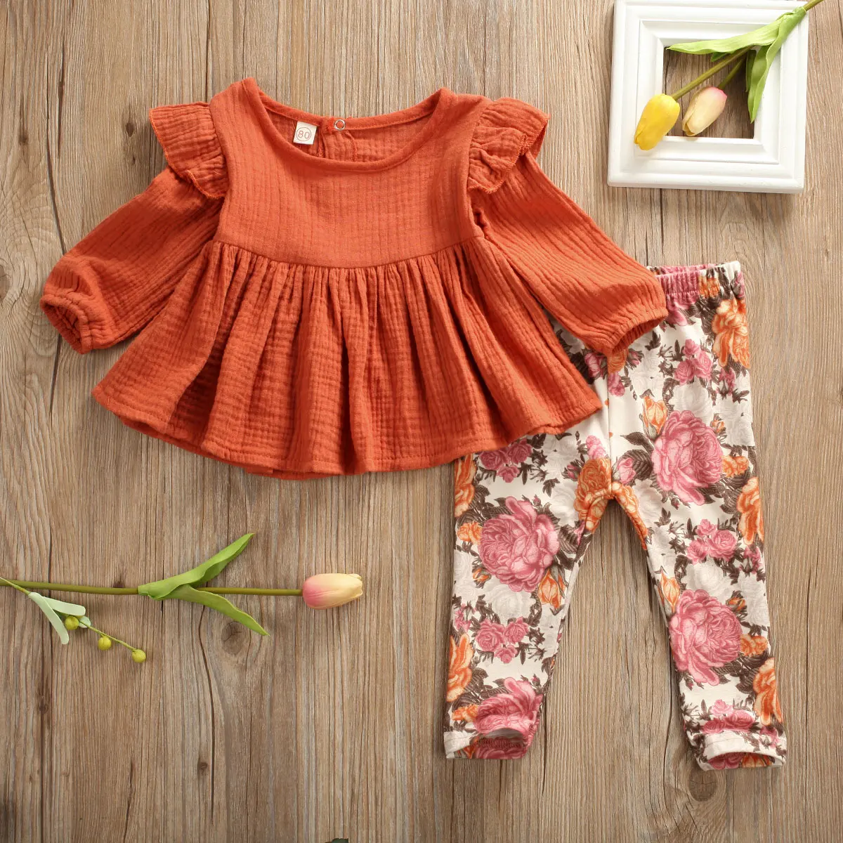 2pcs Newborn Baby Girl Clothes Sets Ruffles Long Sleeve T Shirt Top Flowers Print Pants Leggings Outfits Clothes