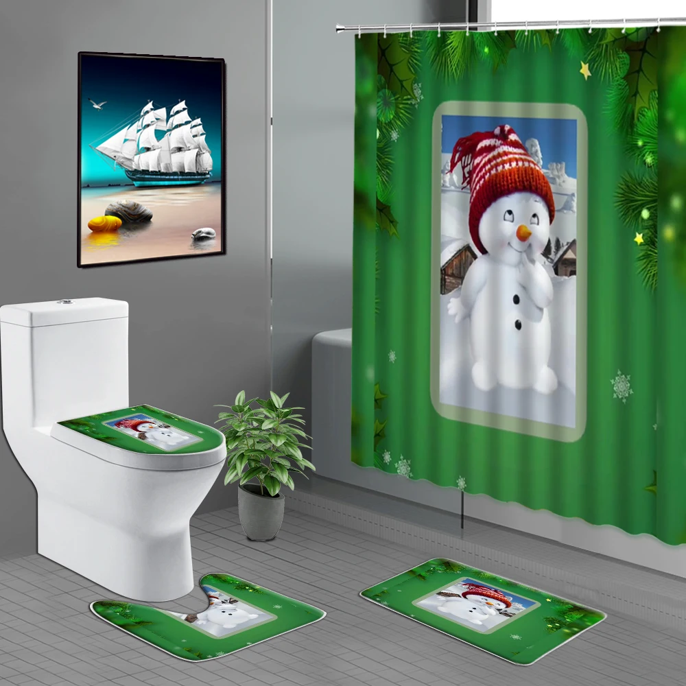

Cute Snowman On Green Background Bathroom Curtain Shower Curtain Bath Mat Rug Carpet Christmas Toilet Decor Bathroom Products