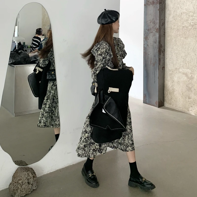 

Floral Bubble Long Sleeve Dress for Women Autumn and Winter 2020 New Loose Slimming Base Skirt All-Matching Graceful Long Dress
