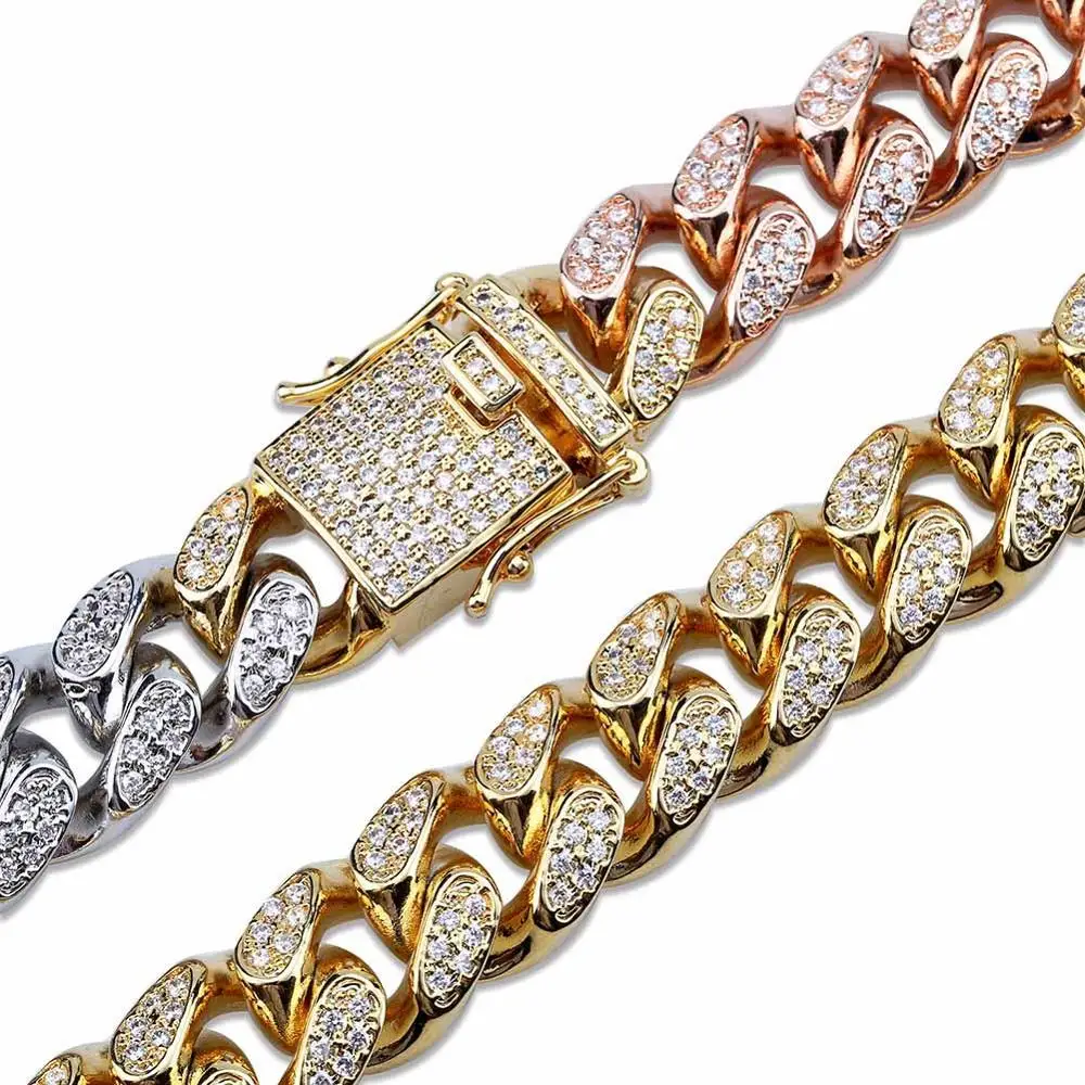 

Gold Silver Color Rhodium Plating Tricolor rainbow multicolor 14mm 18mm CZ full paved iced out hip hop Miami Linked Cuban Chain