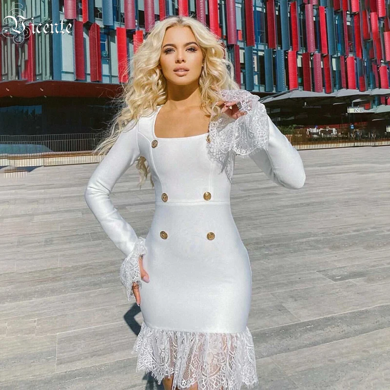 

VC Women's Dresses For Important Occasions Cocktail Dresses White Lace Stitching Buttons Decorative Bandage Dresses