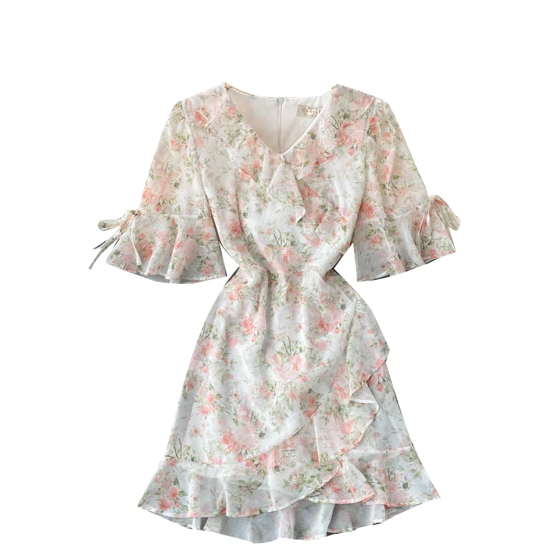 

Summer New Waist Slimming Vestidos Female V-neck Trumpet Sleeves Sweet Ruffled Slim Chiffon Mini Dress DK1112