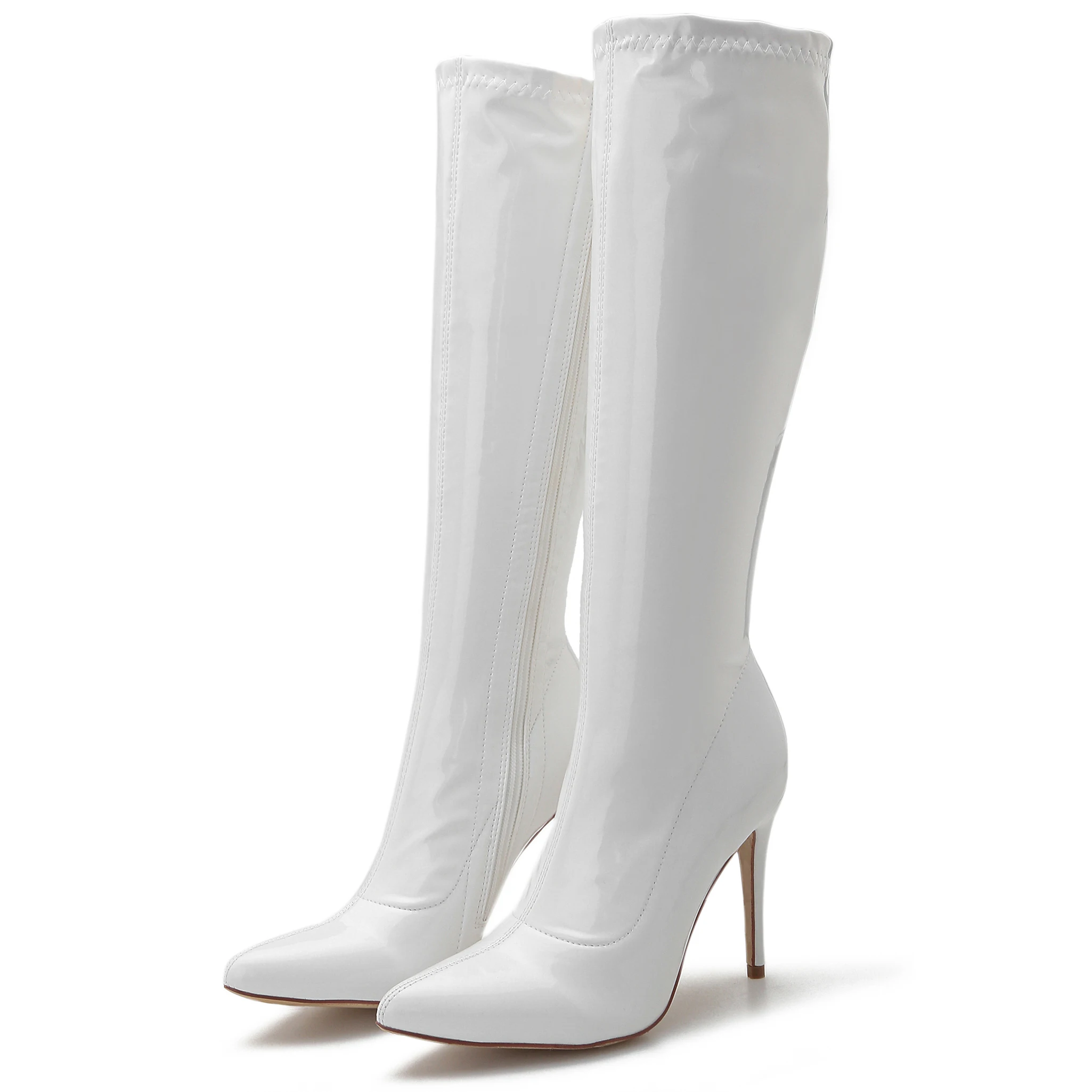

TIMETANG New Arrival Pointed Toe Thin Heel Woman Mid Calf Boots Sexy Women Boots Under the Knee High Patent Shoes